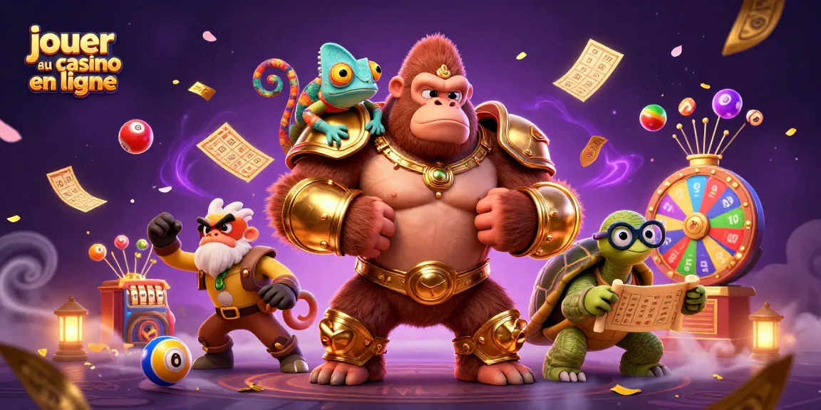Jouez au casino en ligne avec des personnages captivants et des éléments de jeu colorés, créant une atmosphère dynamique.