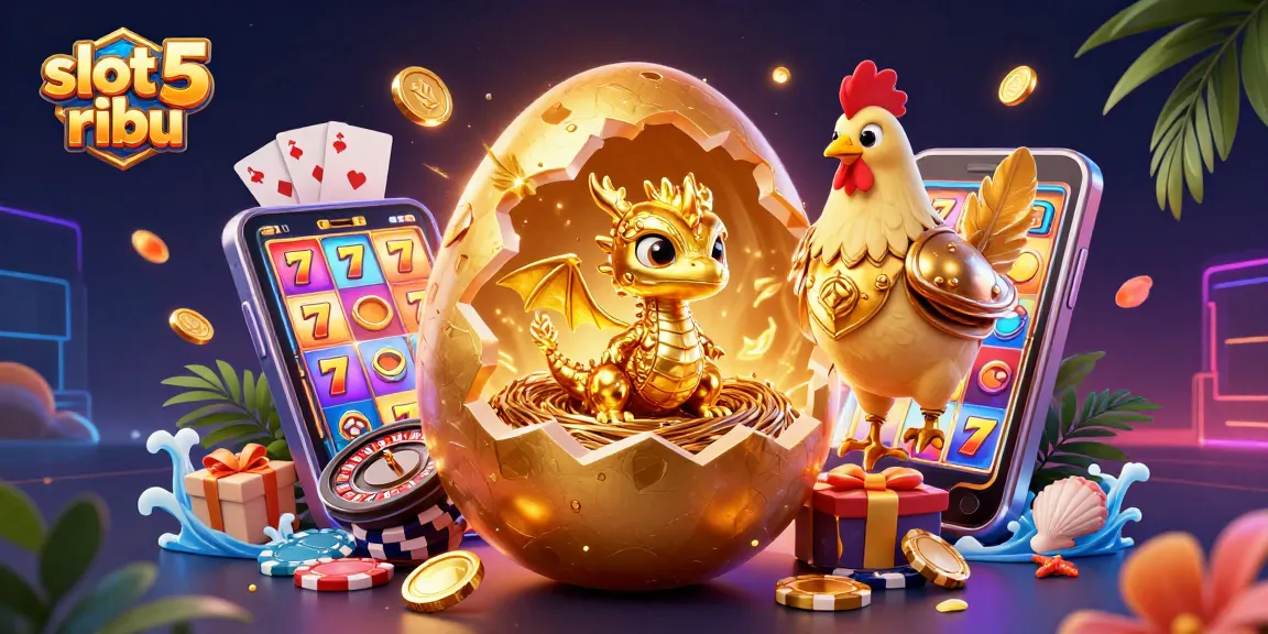 Engage with slot 5 ribu as a golden baby dragon emerges from a golden egg amidst casino elements.