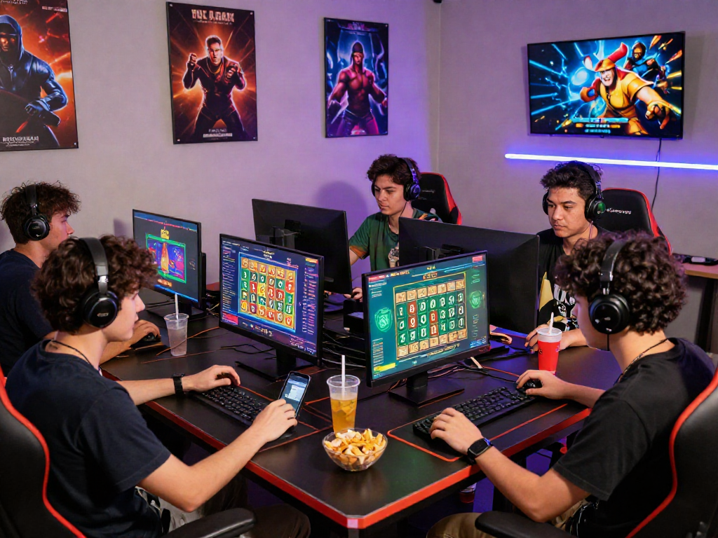Engaging scene of gamers involved in bandar ze togel online, showcasing lively interaction and technology.