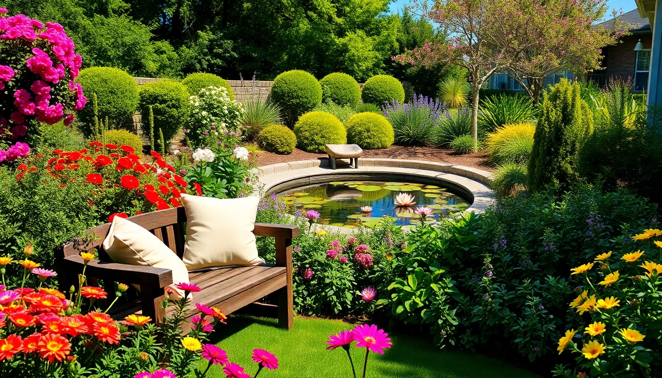 Vibrant backyard landscaping with colorful flowers and a relaxing garden setting.