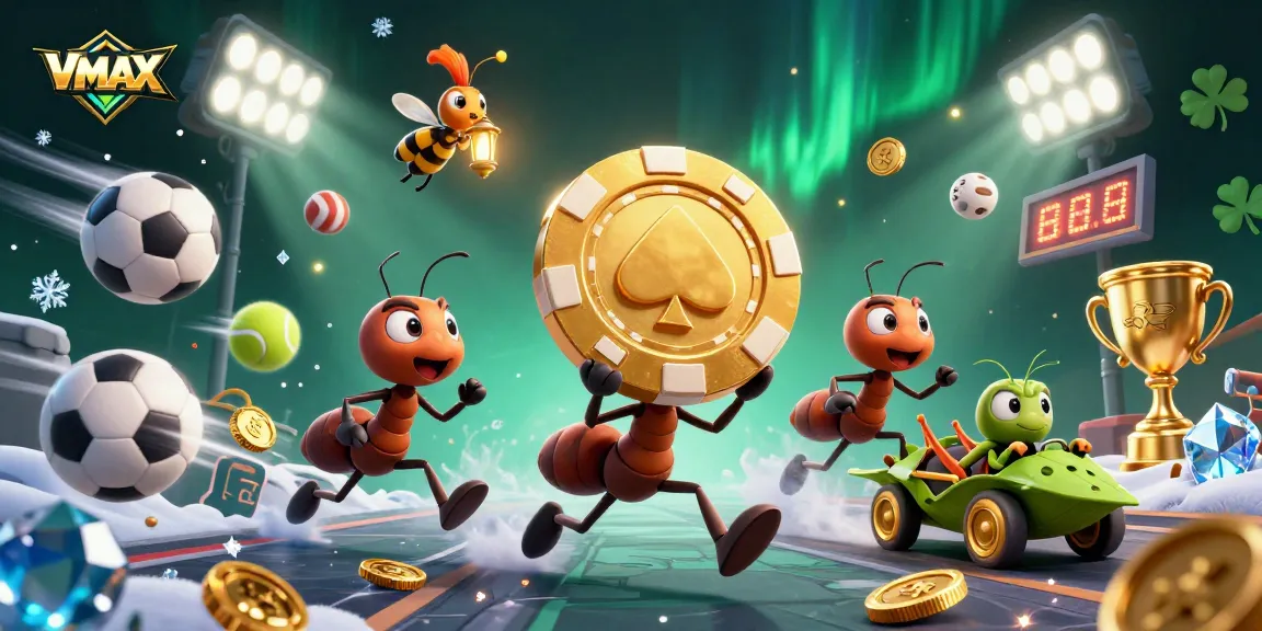 Experience VMAX excitement as cartoon ants race with a giant poker chip amidst flying sports elements.
