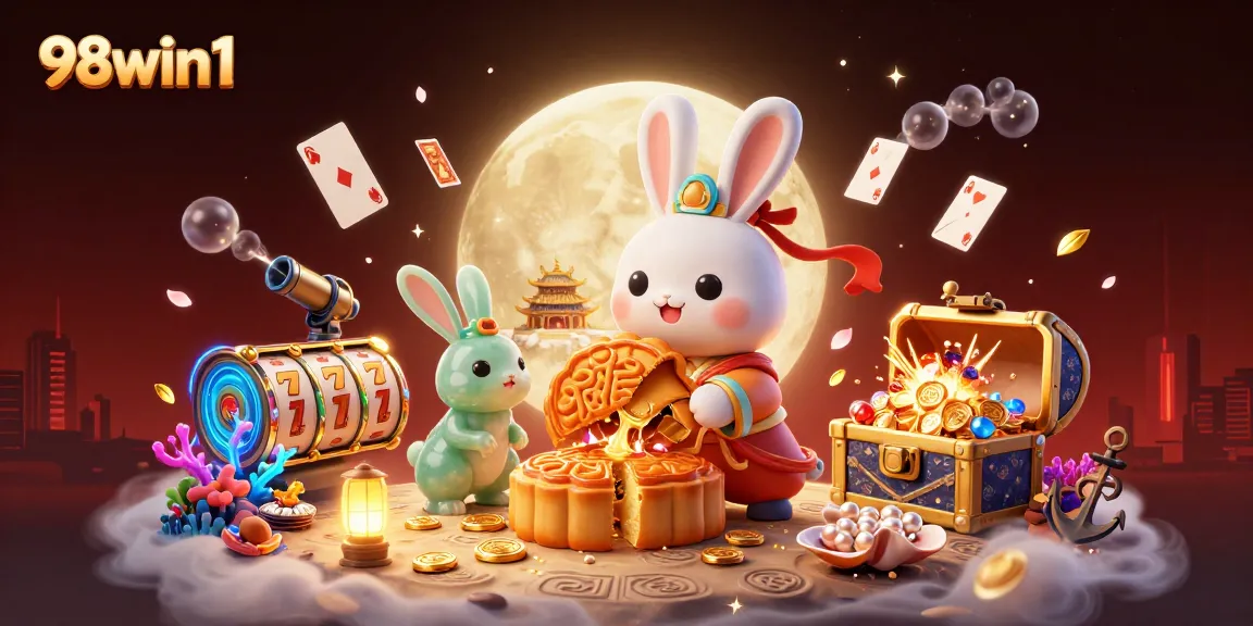 Experience the excitement of 98win1 with a vibrant 3D moon rabbit illustration at a casino