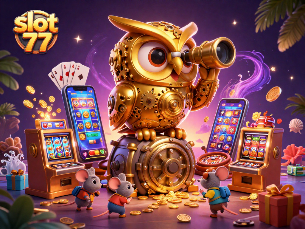 Experience thrilling gaming action with slot 77 in a vibrant casino setting filled with dynamic elements.