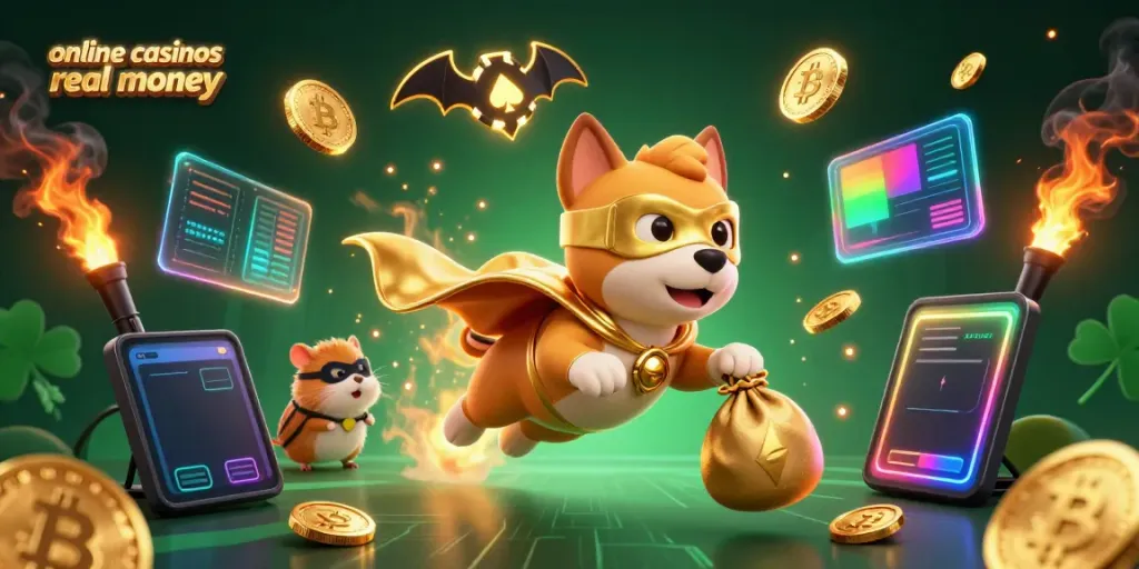Soar with online casinos real money in a vibrant scene of a heroic dog and hamster.