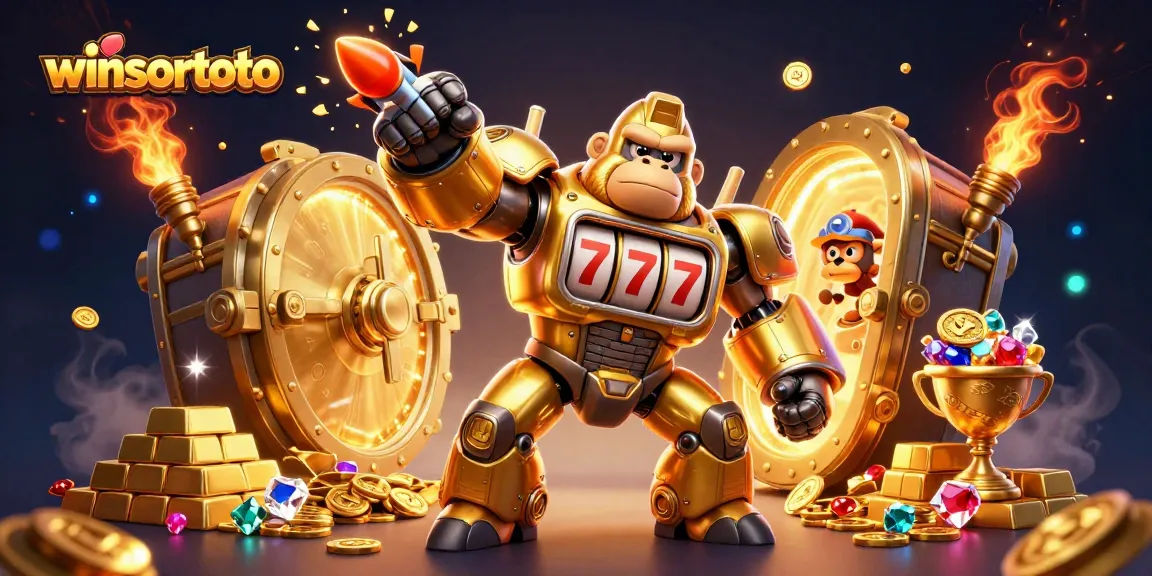 Kombinasi 3D bergaya kartun menampilkan winsortoto dengan gorila emas, mesin slot dan kekayaan emas yang melimpah