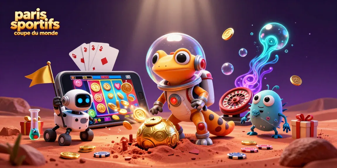 Pariez sur les paris sportifs coupe du monde avec un gecko martien et une ambiance animée de casino.