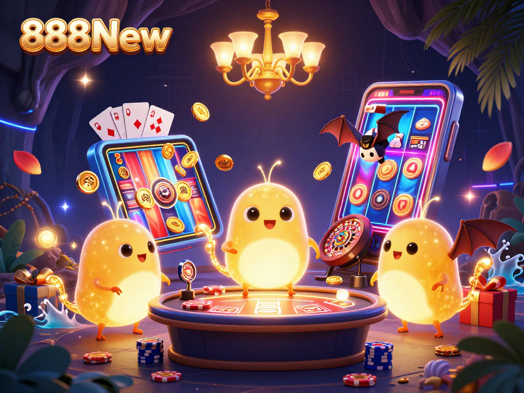 Experience the excitement of 888New with glowing worms lighting up a vibrant casino scene, showcasing games and action.
