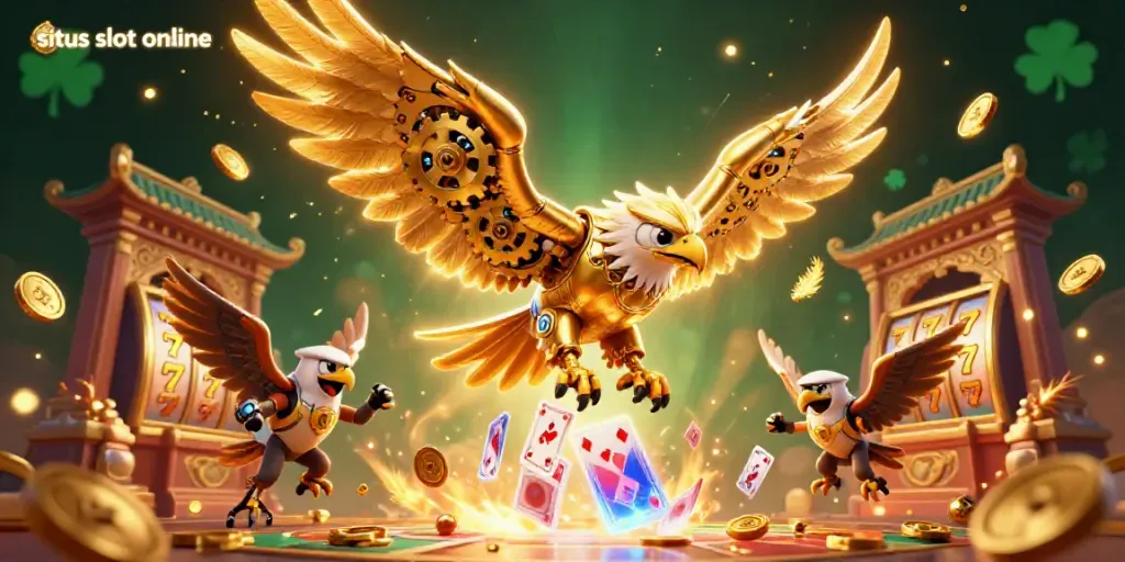 Engage with situs slot online's thrilling gameplay featuring a cybernetic eagle amidst a cascade of cards and slot reels.