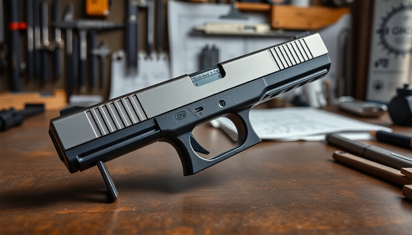 Showcasing a glock 17 gen 5 slide with intricate details in a professional workshop environment.