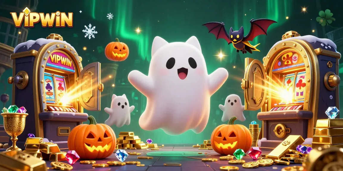 Engage with VIPWIN in this vibrant haunted casino scene featuring a ghost cat, vampire bat, and jackpot treasures.