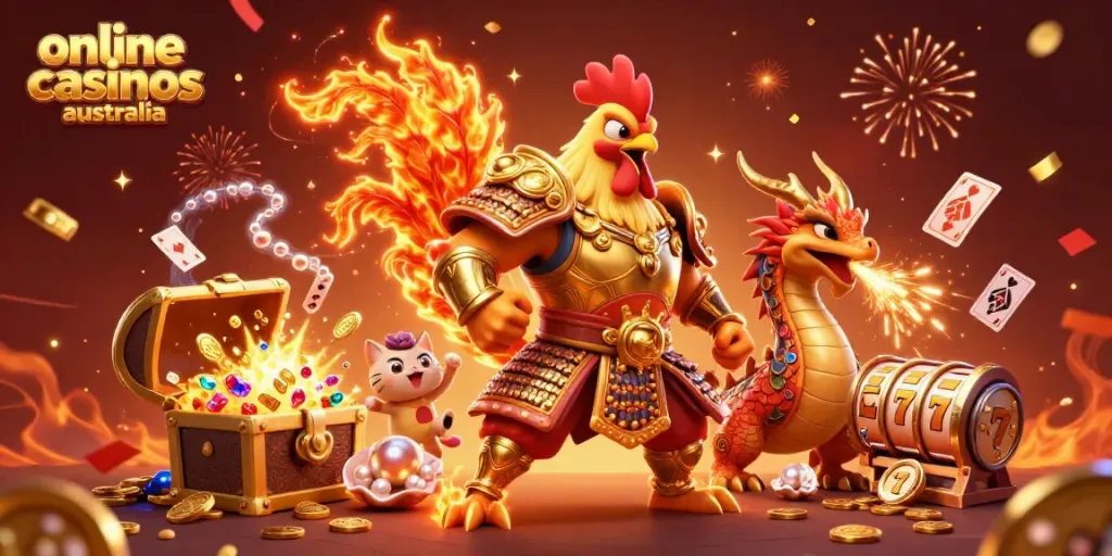 Experience the excitement of online casinos Australia with a dynamic 3D scene featuring a warrior rooster and dragon amid gold and gems.