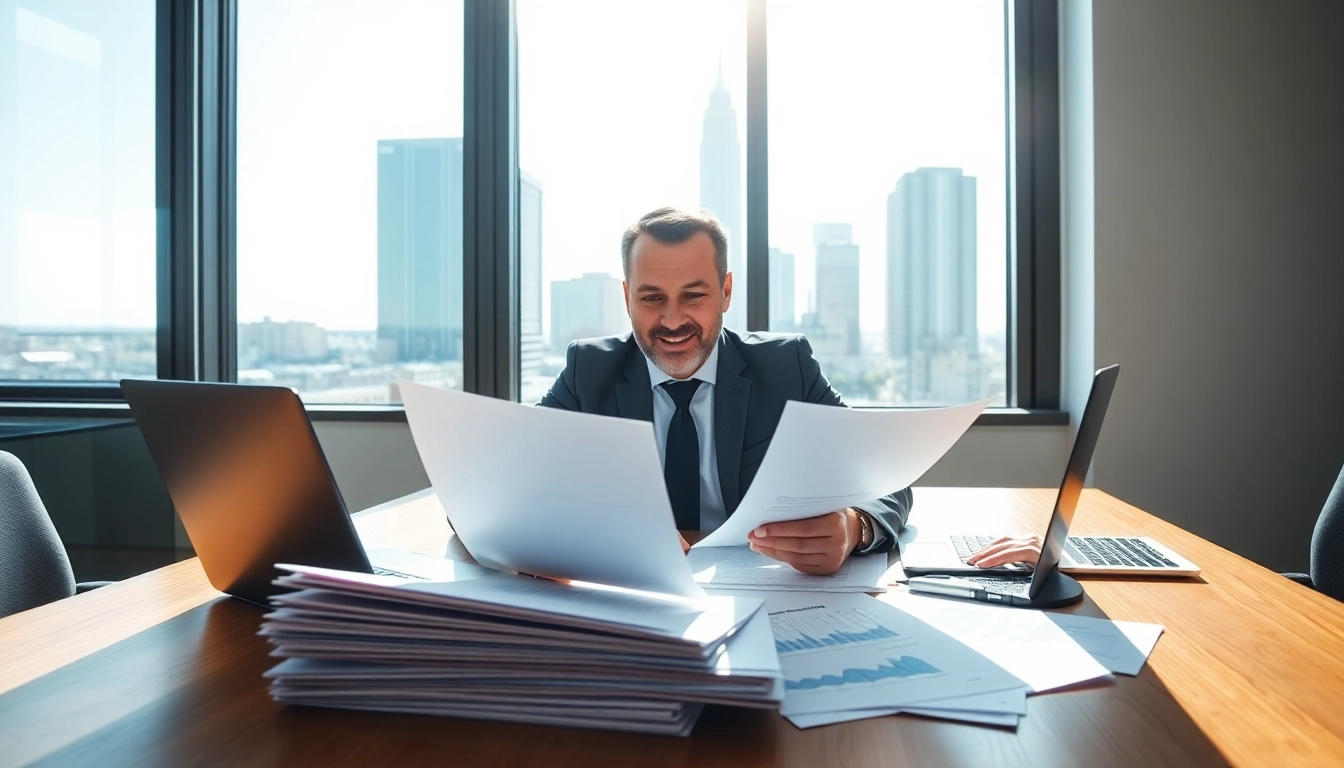 Consultant analyzing Federal and State contracts and grants in a modern office setup.