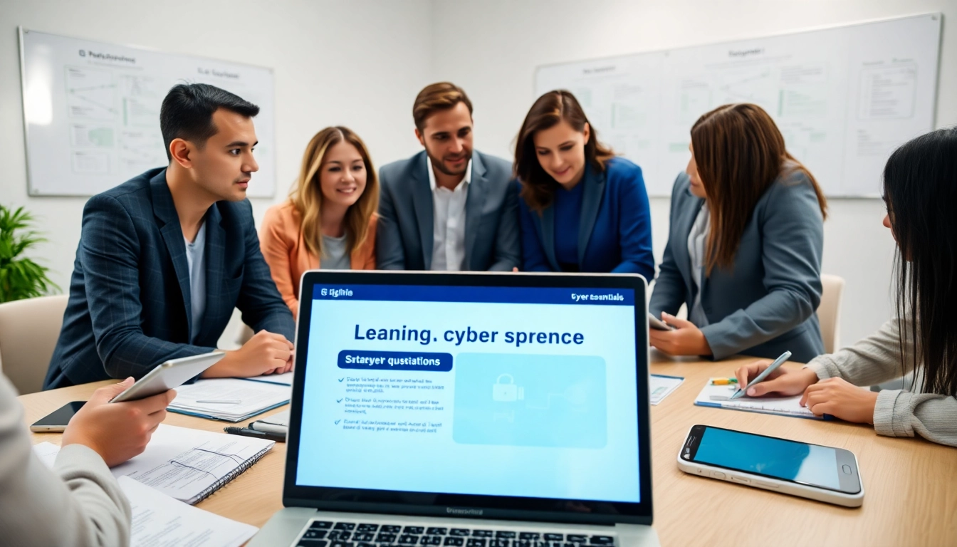 Team reviewing the cyber essentials questionnaire in a modern office setting for enhanced cybersecurity.