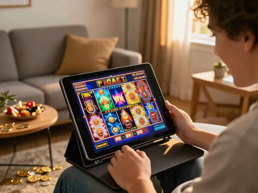 Experience the thrill of hitting a slot jackpot while playing on a tablet in a cozy home setting.
