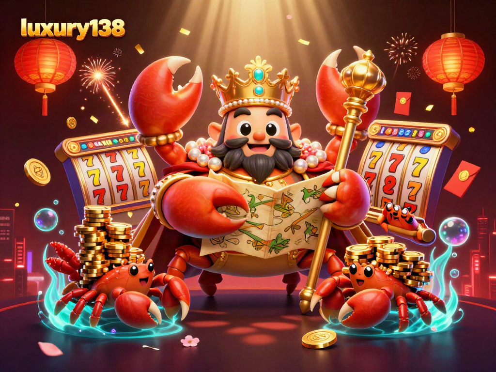Luxury138 menampilkan ilustrasi virtual kasino dengan elemen slot dan karakter unik lainnya.