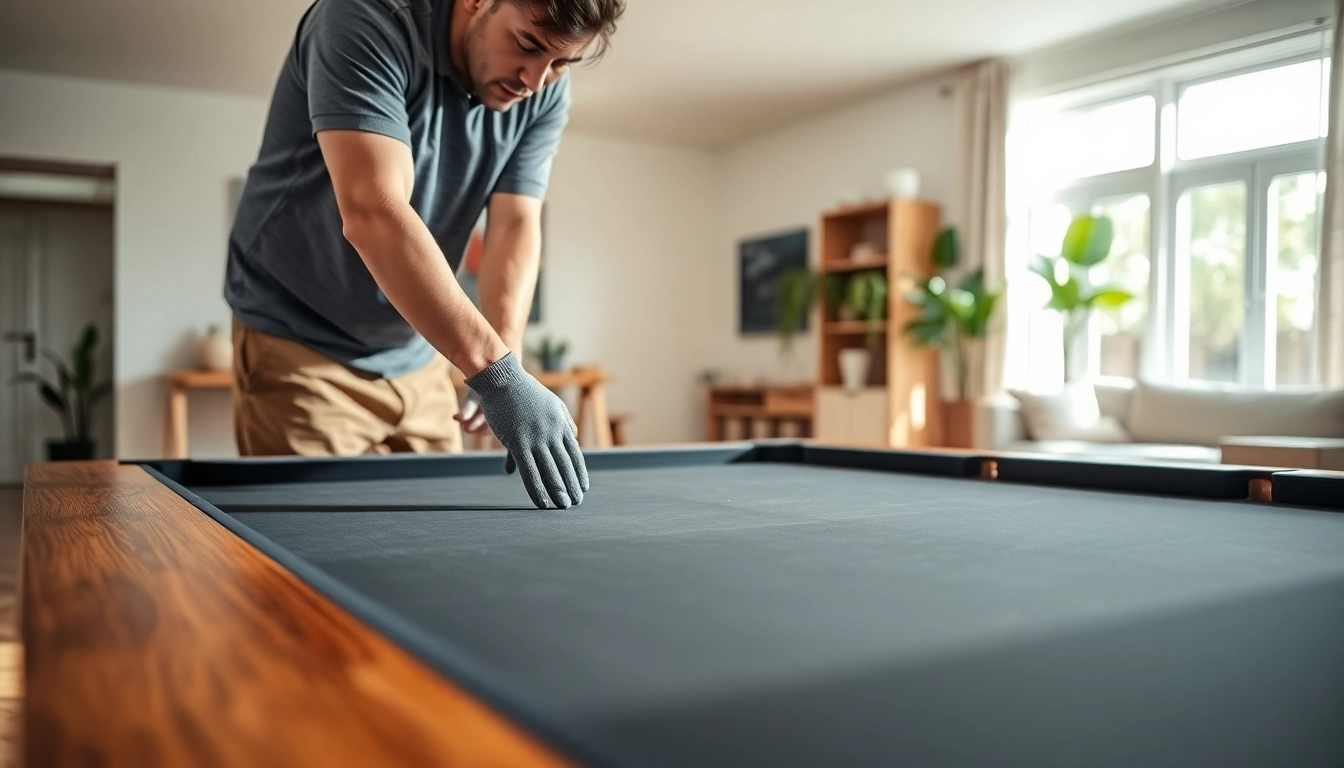 Pool table mover safely disassembling a slate pool table in a well-lit space.