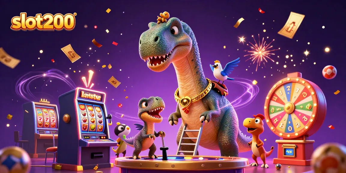 Engage with slot200's vibrant online gaming scene featuring a playful brontosaurus and clever raptor.