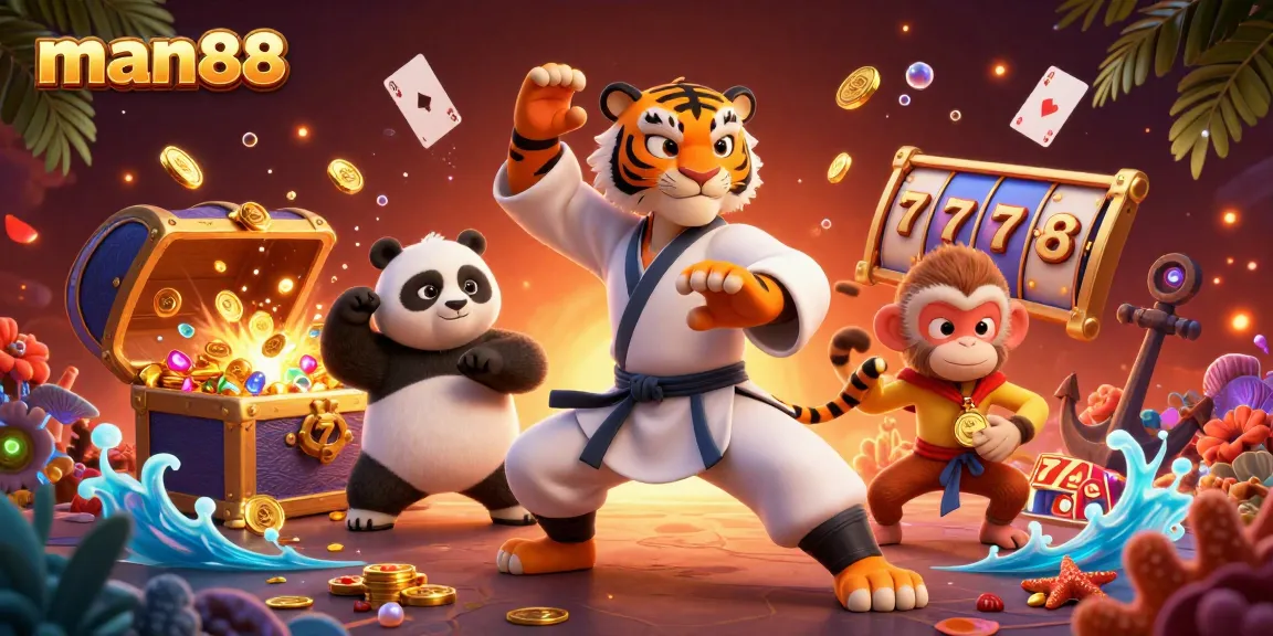 Engage with man88's vibrant casino scene featuring a kung fu tiger master and playful students.