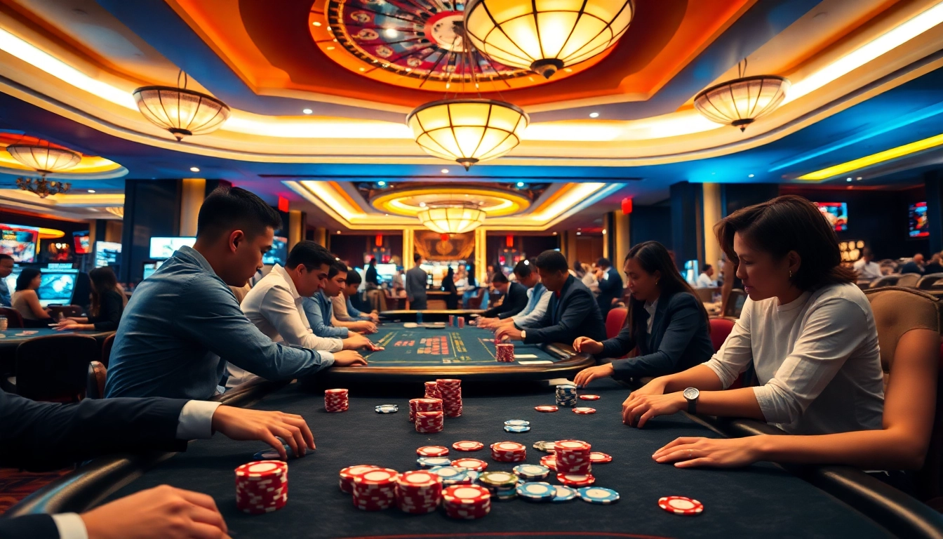 Bola sbobet bermain di kasino yang ramai dengan pemain antusias dan suasana energik.