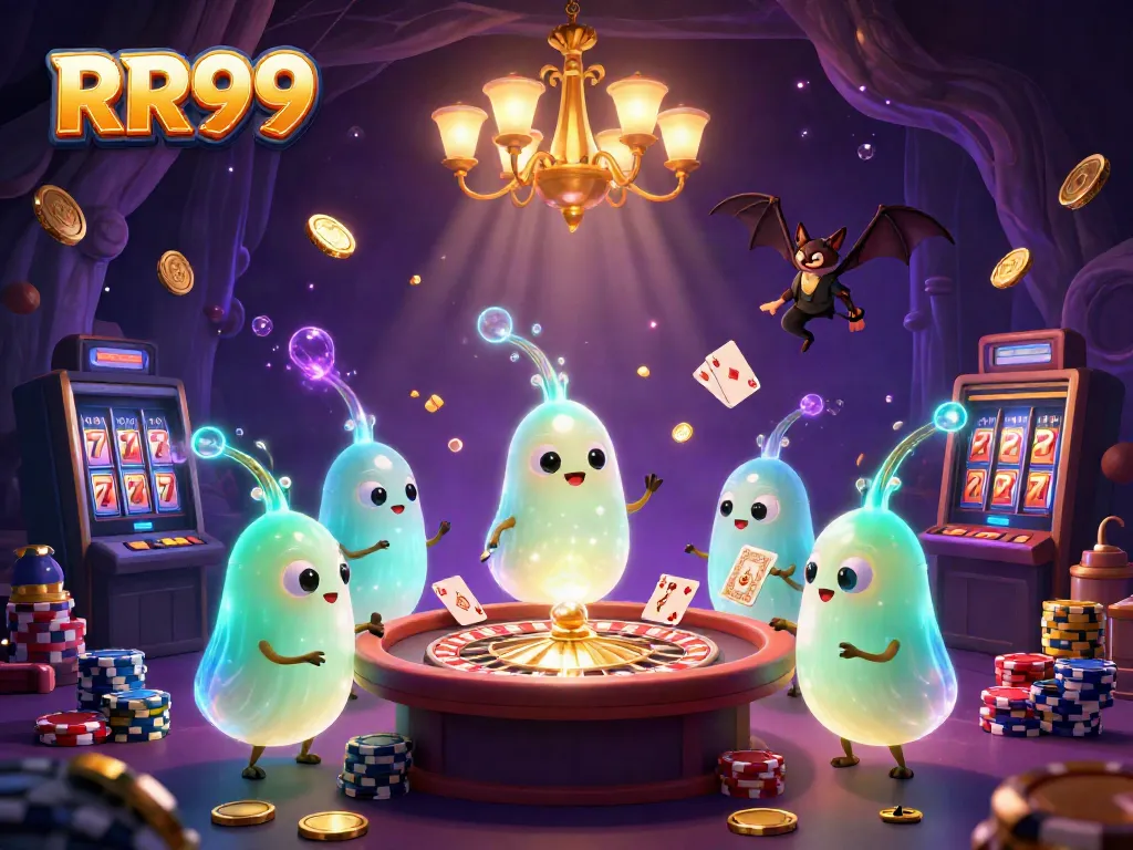 Experience the magic of RR99 as glowworms illuminate a casino scene, showcasing vibrant gaming elements.