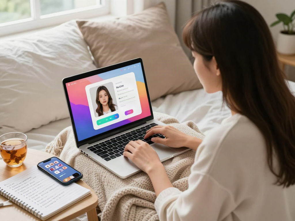 Engaging scene of a woman using an AI test of attractiveness on her laptop, surrounded by beauty tips and a cozy atmosphere.
