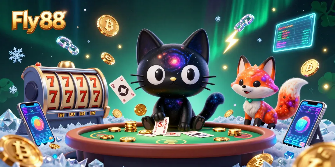 Fly 88 promotes winning strategies at an animated casino table with playful characters and vibrant gaming elements.