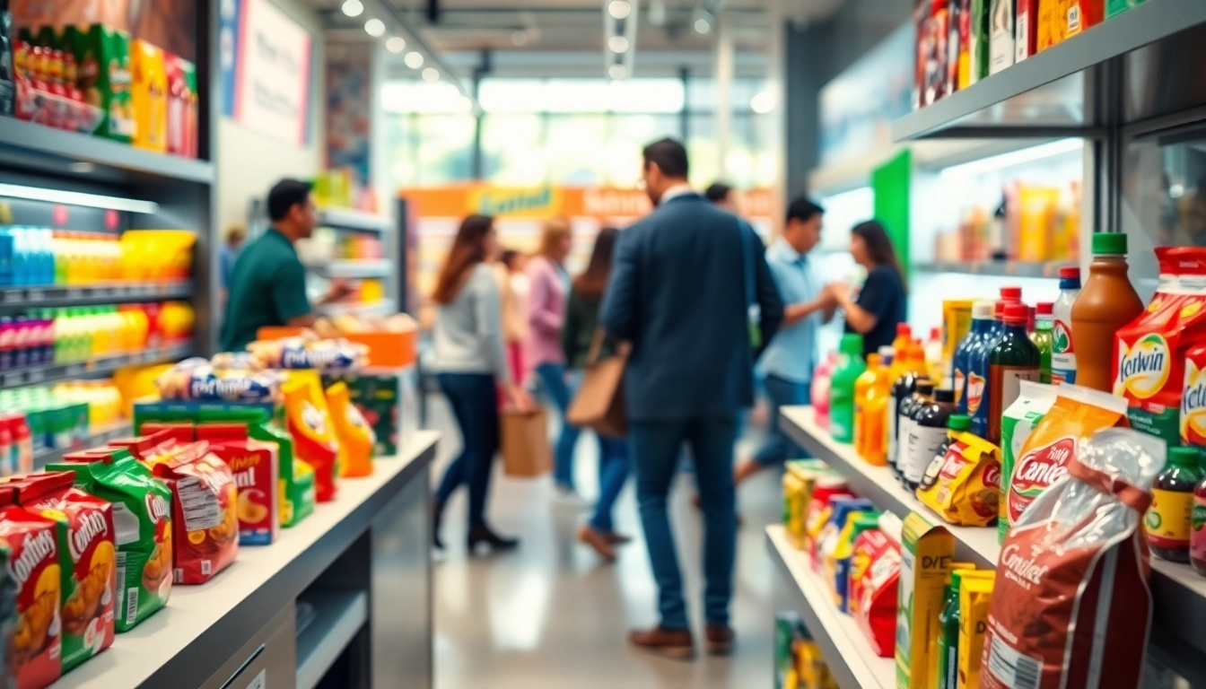 Showcasing consumer packaged goods on sleek shelves in a modern retail setting.