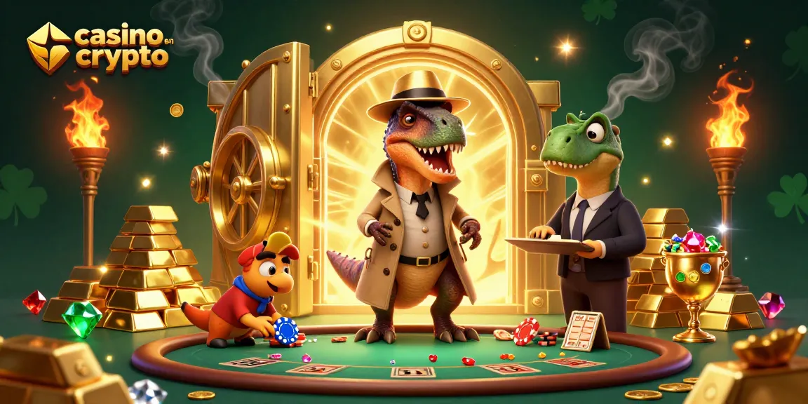 Une scène dynamique d'un casino en crypto avec un velociraptor en train de jouer au blackjack sous une lumière dorée.