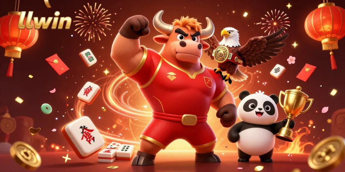 Experience winning thrills with llwin as a muscular bull mascot celebrates alongside a fierce eagle and a panda.