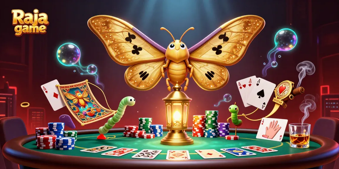 Join the excitement of Raja game with this vibrant casino scene featuring poker tables and golden elements.