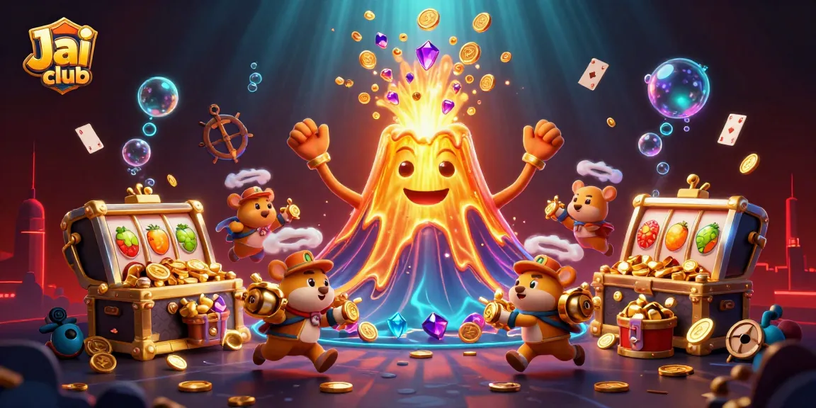 Play exciting games at Jai club with vibrant slot machines and treasures in a 3D fantasy scene.