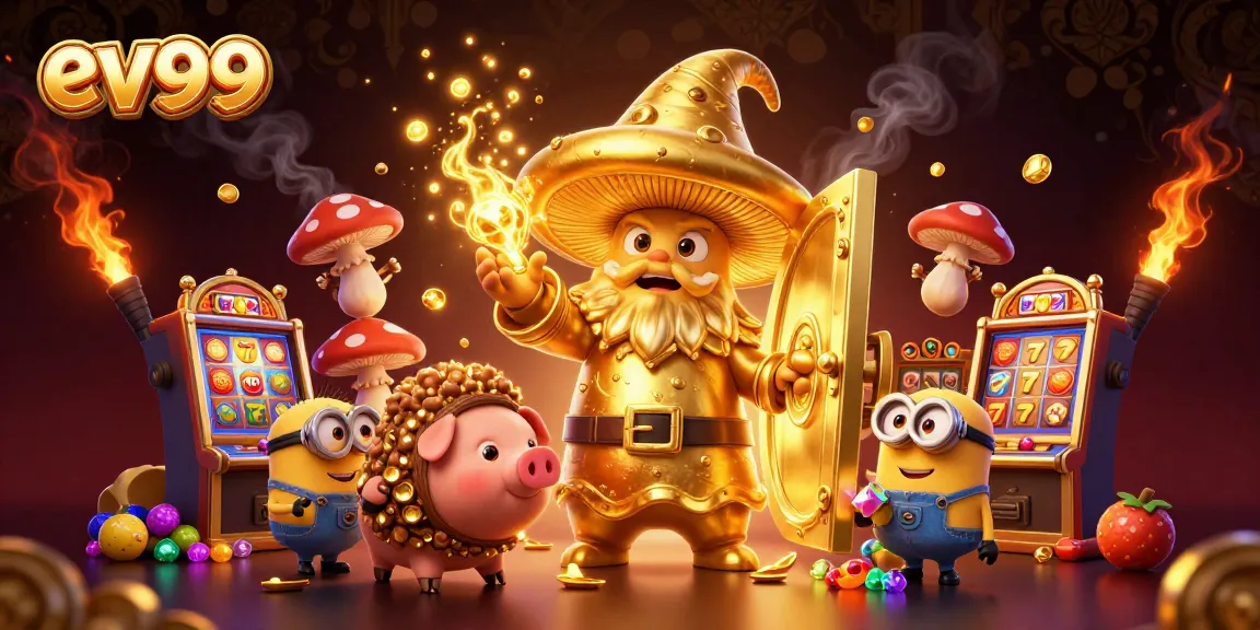 Spin and win with ev99 as the golden wizard and friends unveil treasures in a vibrant casino