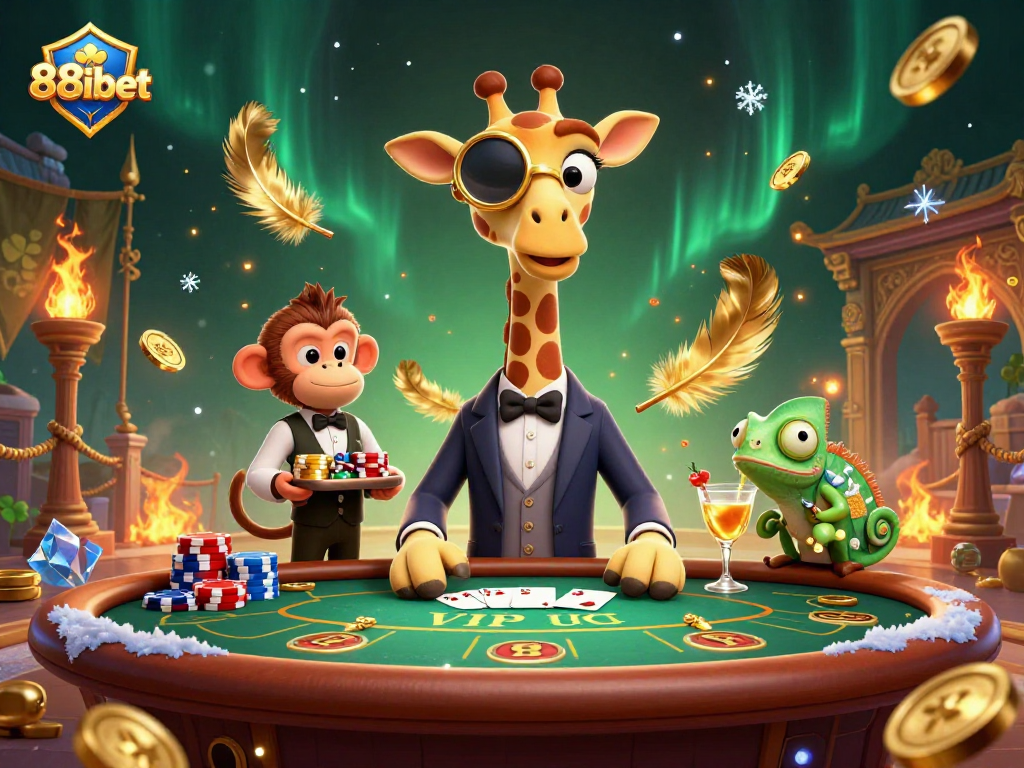 Experience the vibrant atmosphere of 88ibet with a high-roller giraffe and poker action in a lavish casino scene.