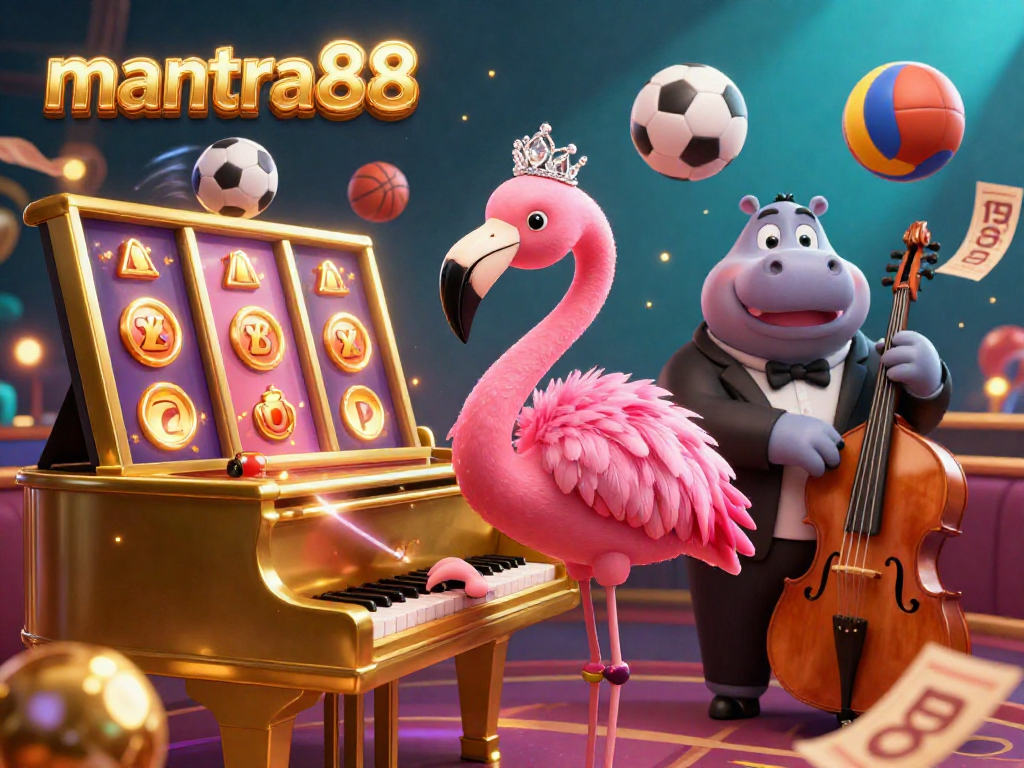 Experience mantra88’s exciting gameplay with vibrant casino-themed illustration featuring a pink flamingo singer and dynamic game elements.