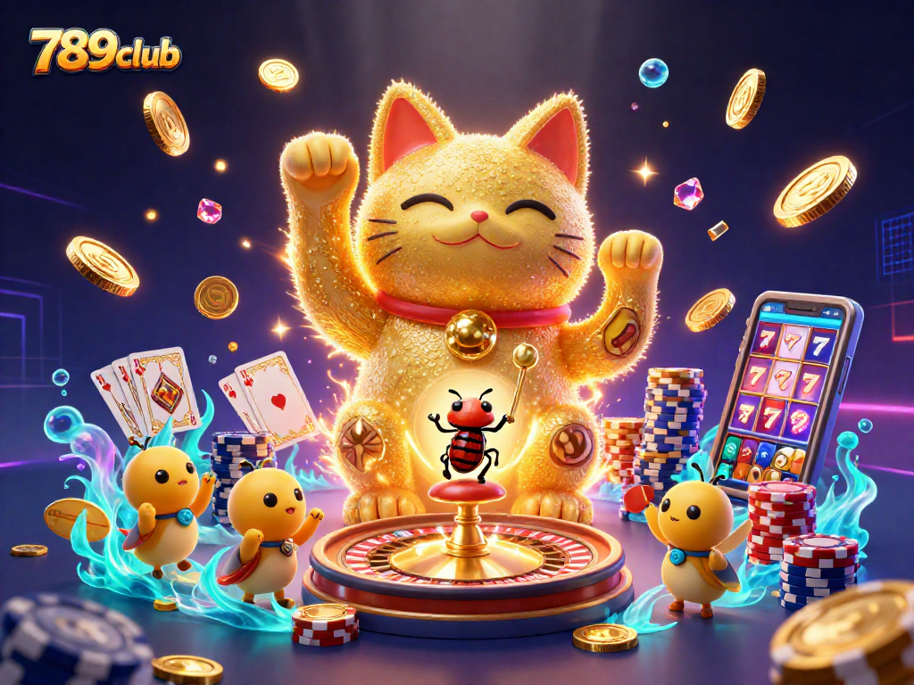 Experience thrilling gameplay with the vibrant 789club golden lucky cat illustration.