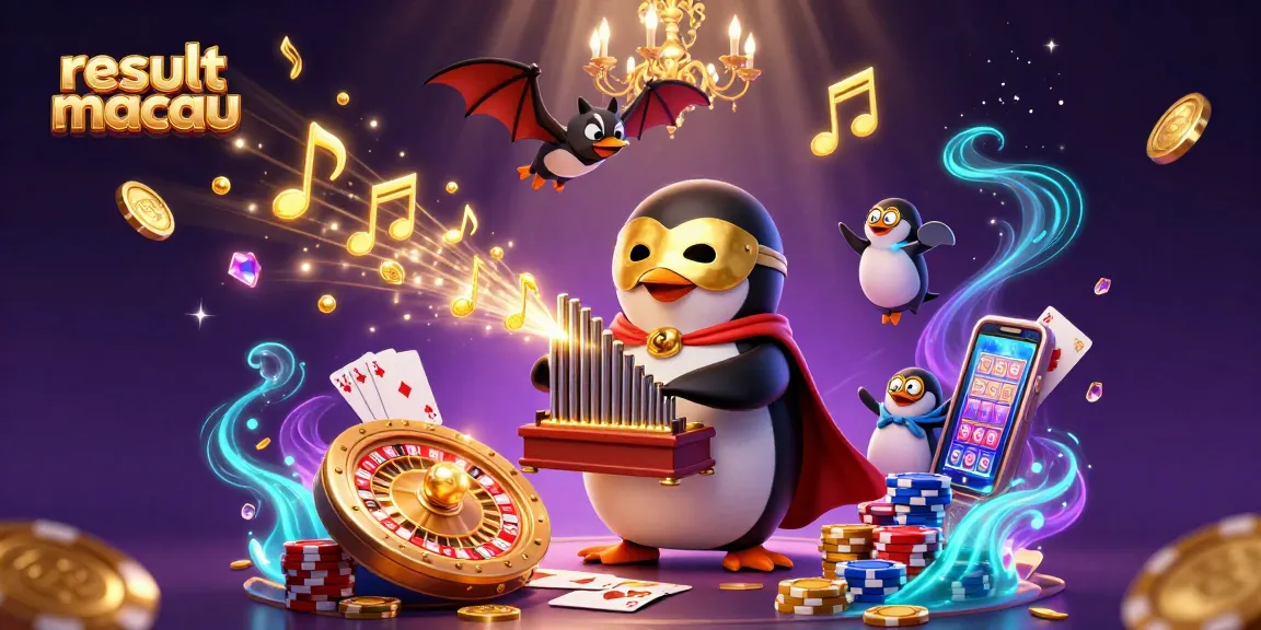 Result Macau with a dazzling 3D casino scene showcasing vibrant elements like golden coins, cards, and acrobatic characters.