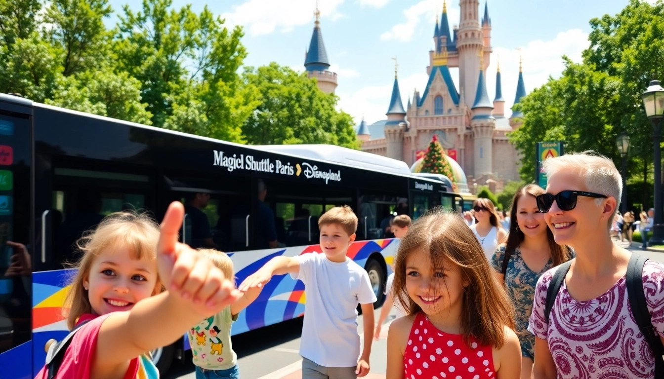 Families boarding a magical shuttle bus for their trip from Disneyland Paris to airport.