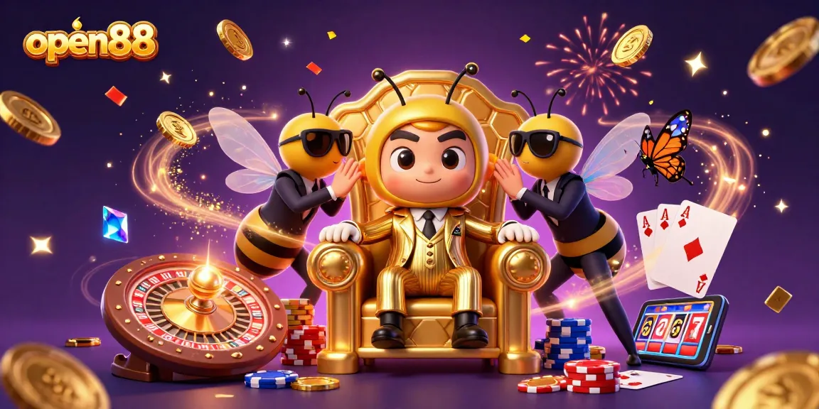 Experience the excitement at open88 with lively casino elements and characters in a vibrant scene.