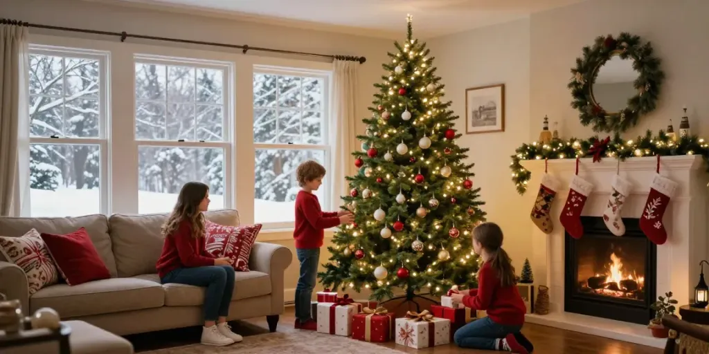 Tall skinny Christmas tree glowing with lights and ornaments in a cozy living room.