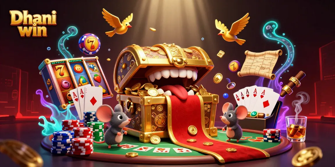 Dhani win features vibrant slot reels and a cartoon treasure chest enticing players with riches.