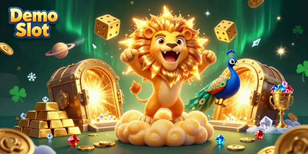 Play engaging Demo Slot games in a vibrant, rich 3D casino illustration filled with treasures.