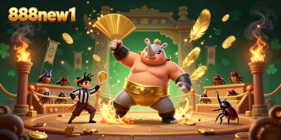 Experience the thrill of betting at 888new1 with a dynamic scene featuring a beetle sumo champion surrounded by gold.