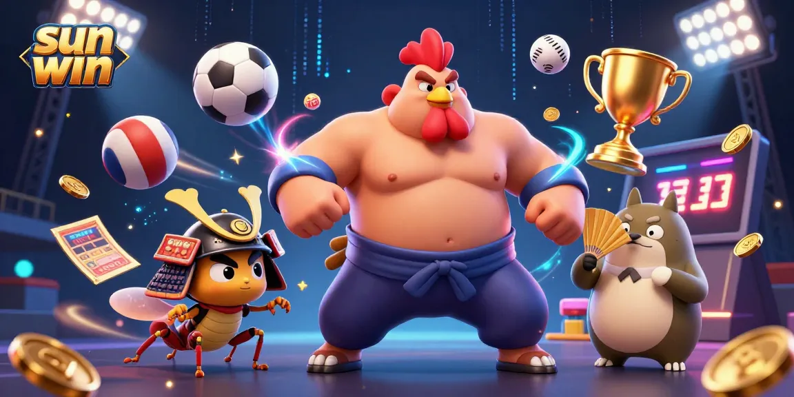 Experience the thrill of sun win with a sumo wrestler rooster amid dynamic sports elements.