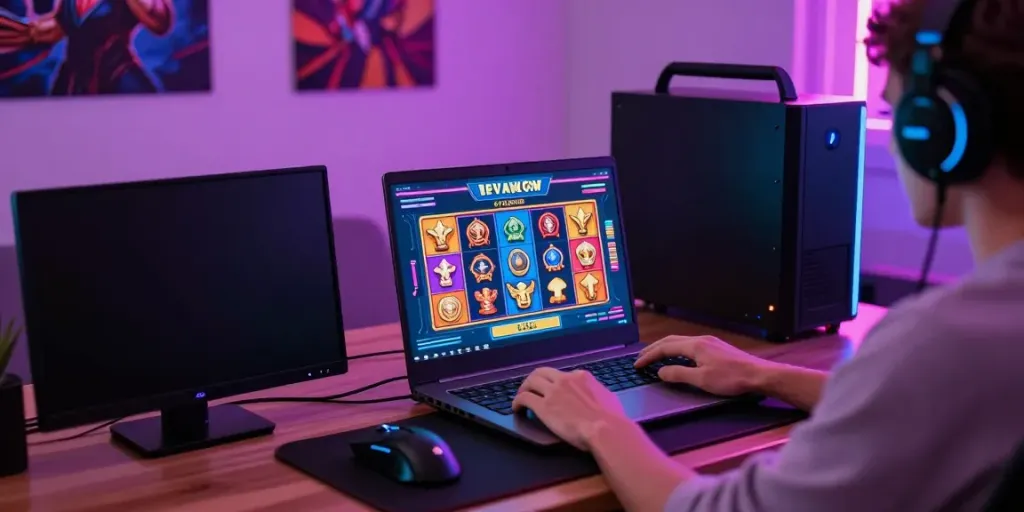 Engaging user exploring ทดลองสล็อต on a colorful gaming interface in a cozy gaming setup.