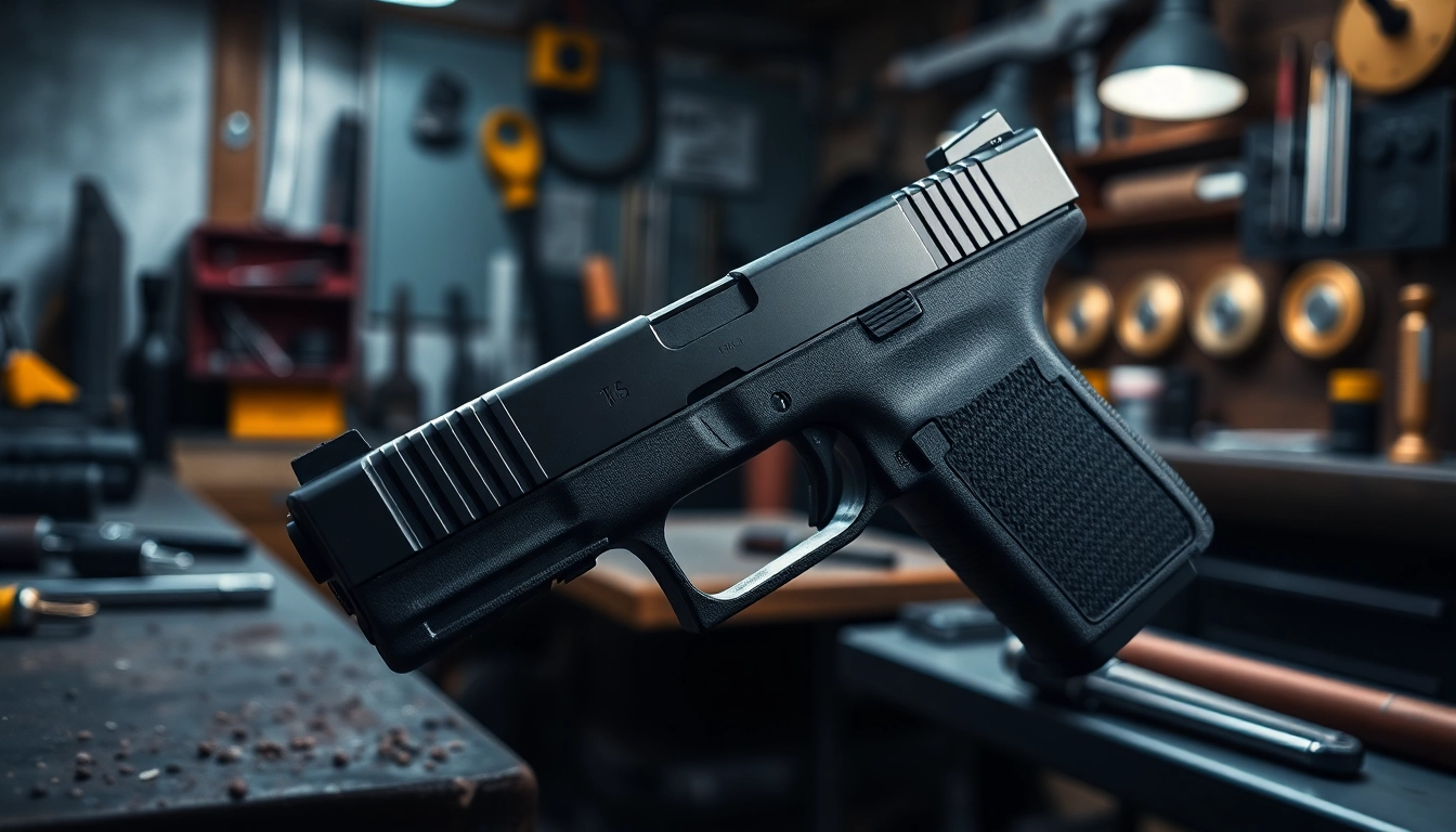 Inspecting a glock 26 gen 5 slide amidst precision tools, showcasing craftsmanship.