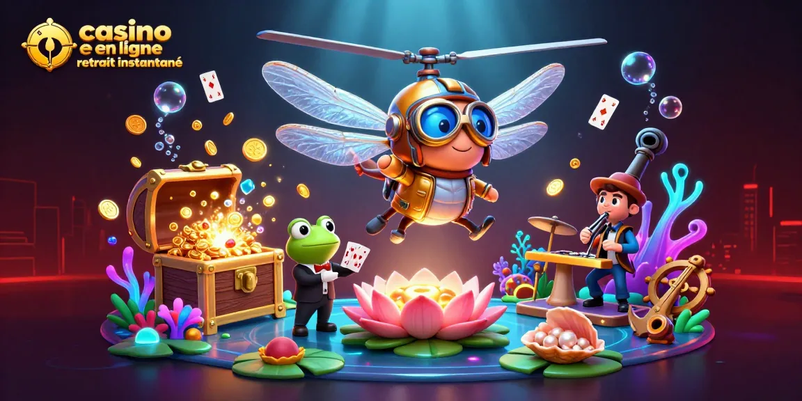 Découvrez le casino en ligne retrait instantané avec un pilote libellule et un croupier grenouille dans une scène animée.