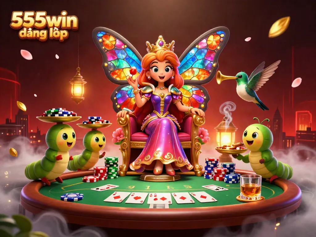 Experience the excitement of 555win đăng nhập with vibrant scenes of card games, chips, and our butterfly queen.