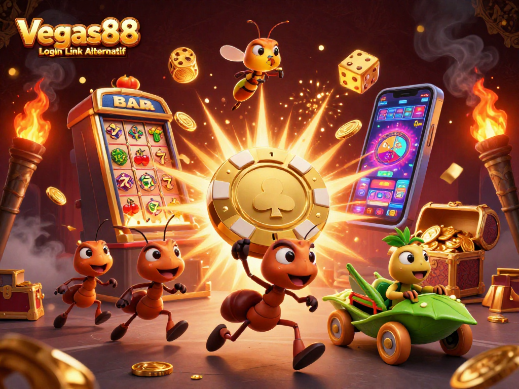 Engage with the Vegas88 Login Link Alternatif in this vibrant casino heist illustration depicting a dynamic team of cartoon ants.